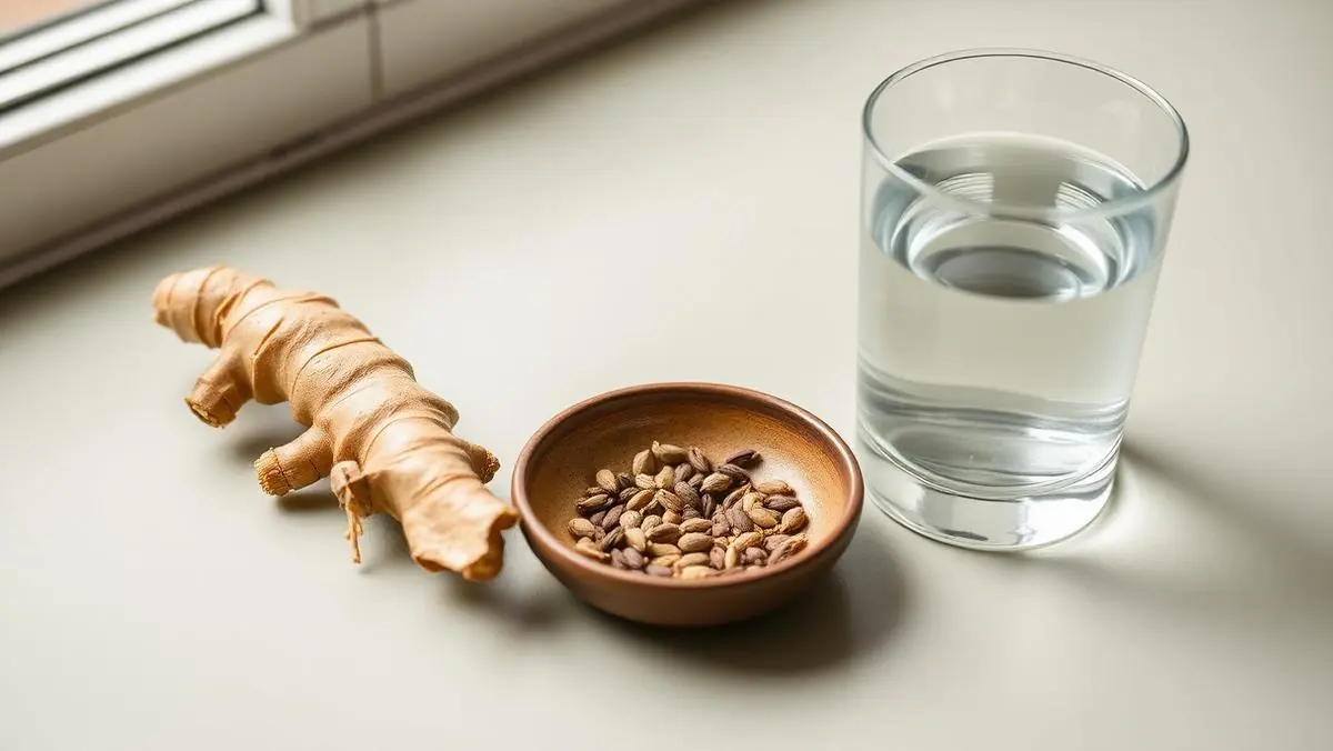 Ginger root, a dish of fennel seeds and a plain glass of water on a pale surface