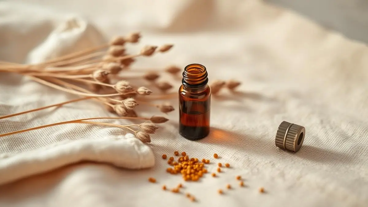 Dried grass stems and an amber remedy vial resting on ivory linen in morning light
