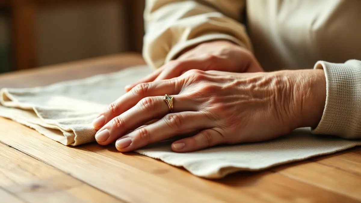 Older hands resting calmly on a wooden table beside a folded cloth