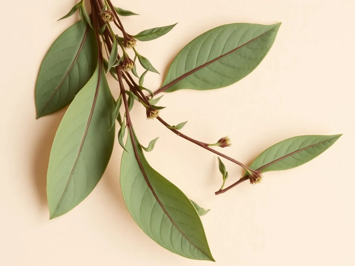 Green medicinal herb leaves arranged on a warm ivory background