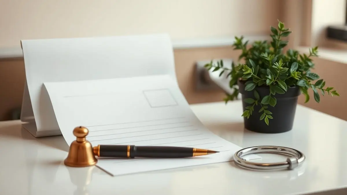 A clinic desk with a blank prescription pad, pen, brass bell and a small potted plant