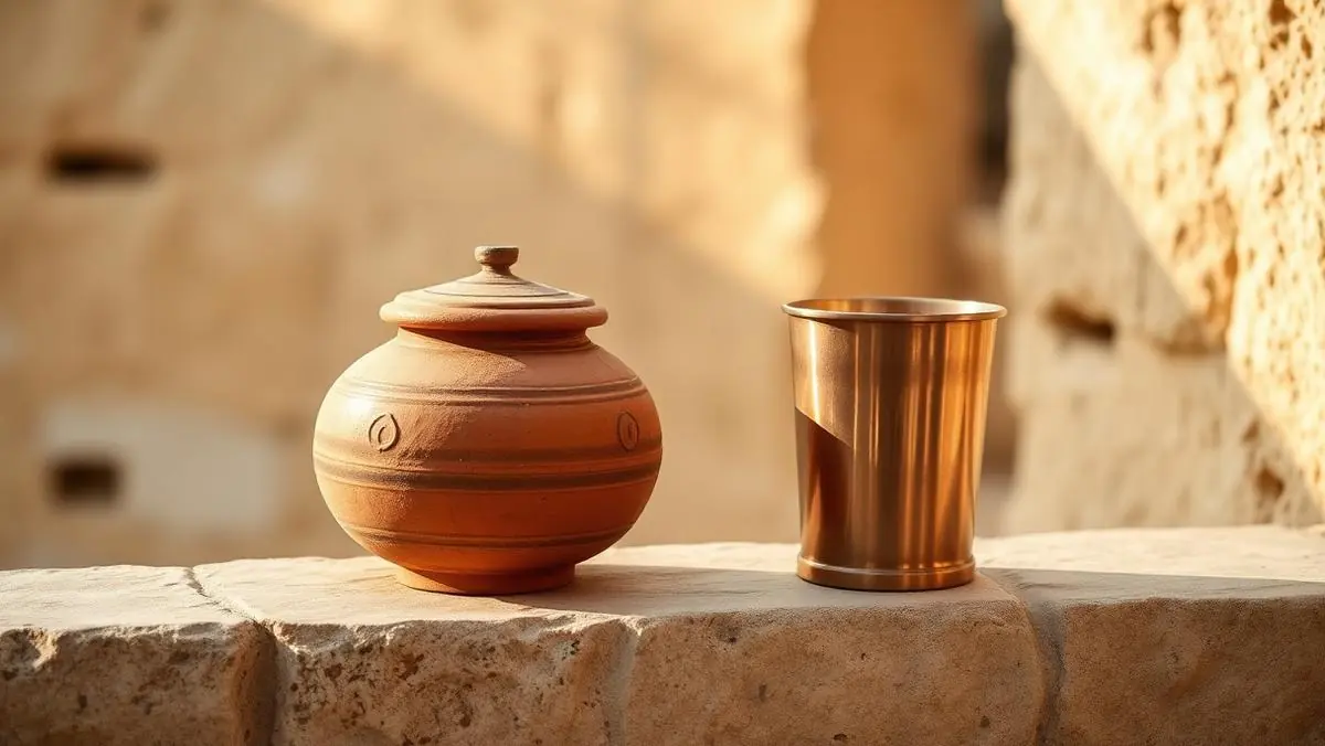 An earthen clay water pot and a copper tumbler on a stone ledge in warm light