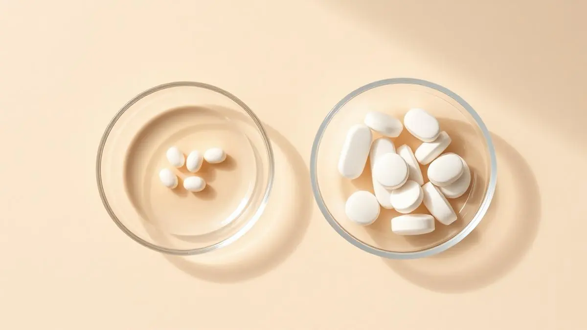 Two small glass dishes side by side, one with homoeopathic globules and one with tablets