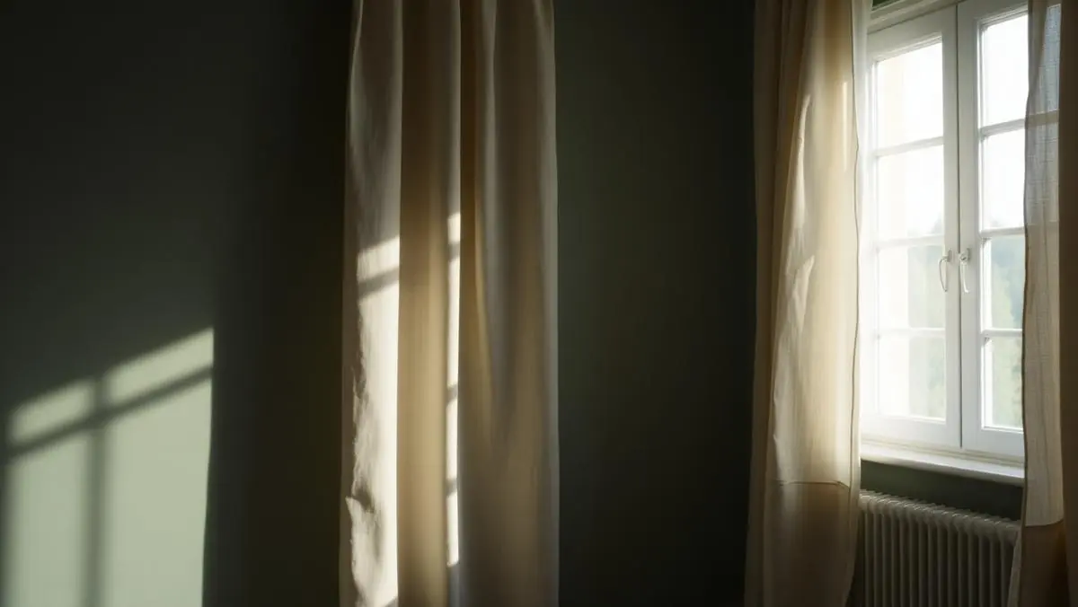 A quiet dim room with soft daylight filtering through half-drawn linen curtains