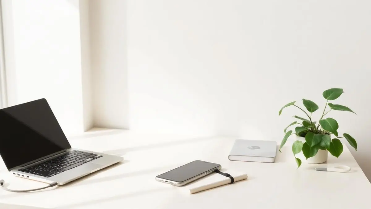 A calm ivory desk with a laptop, phone, notebook and a small green plant